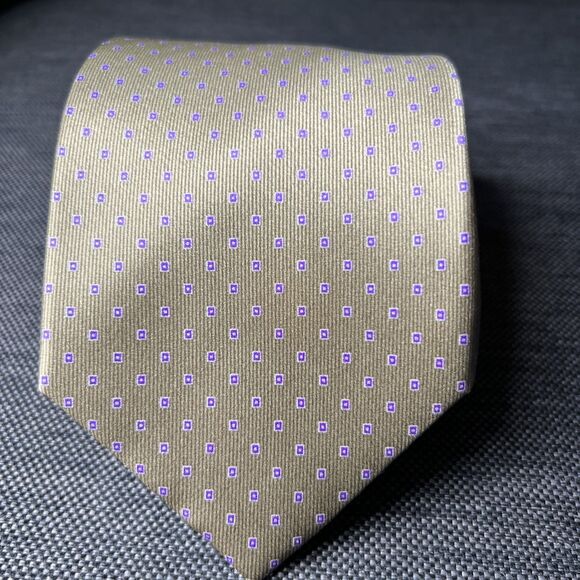 Brioni NWT Men’s 100% Silk Tie Tan/ Beige Purple Square Micro Dots 3.5